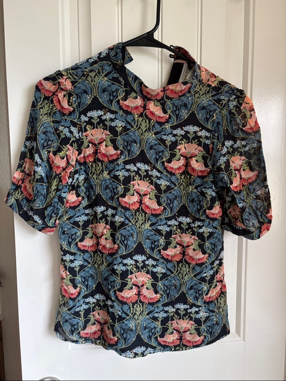 Anthropologie Black Floral Puff Sleeve Blouse with Coral and Blue